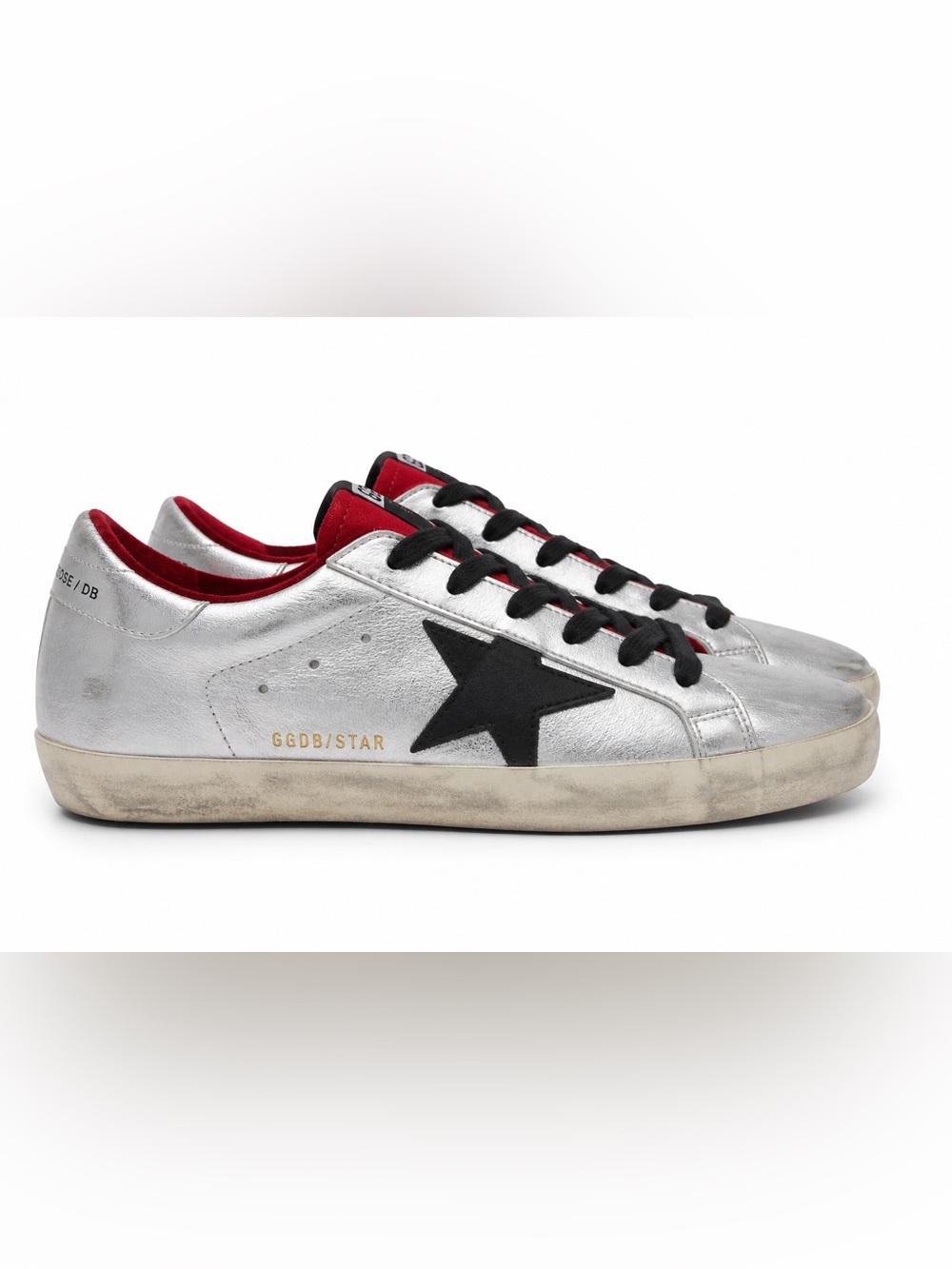 Golden Goose Silver Metallic Sneakers with Black Star and Red Lining